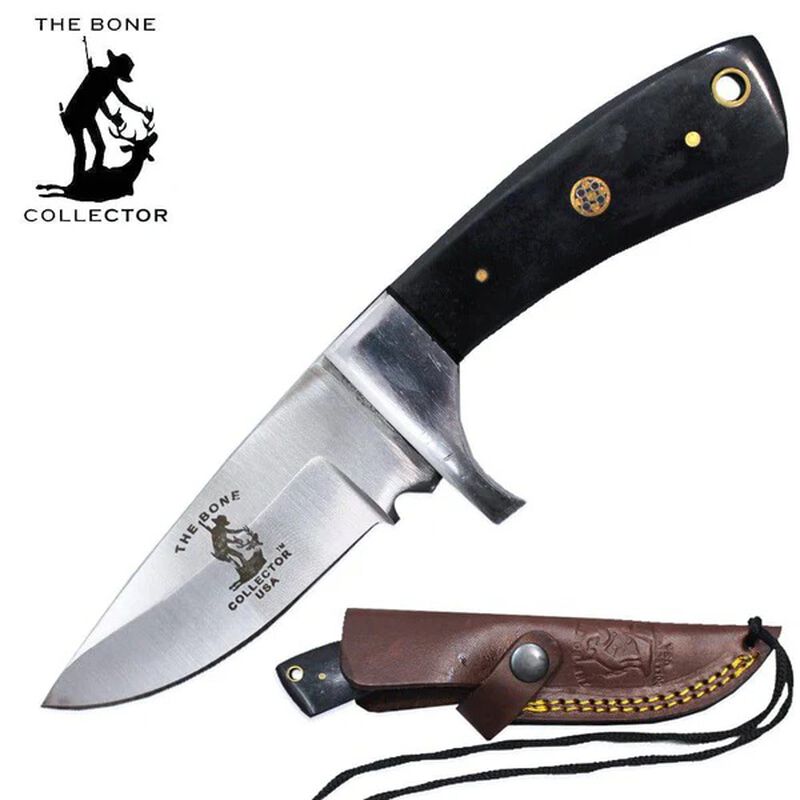 6.5" Black Bone Collector Bovine Handle Skinner Knife with Rope Leather Sheath & Lanyard, , large image number 0